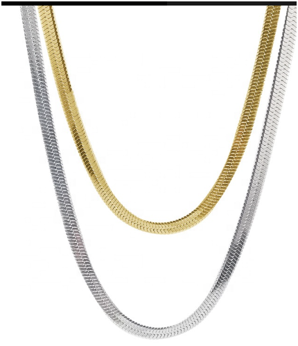 Cadenas de hombre en acero de titanio chapadas en oro y plata, presentadas sobre fondo blanco en distintas longitudes. Imagen comparativa que muestra versatilidad y combinaciones de la colección Hellochic@s-MEN.