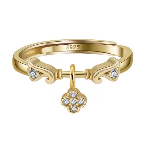 Anillo de trébol 4 Hojas Plata S925 con Chapado de Oro de 14k Ajustable