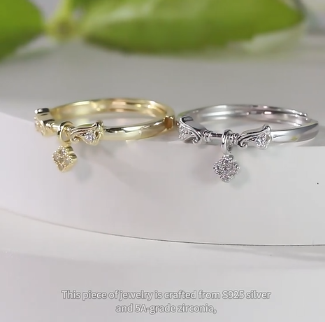 Anillo de trébol 4 Hojas Plata S925 con Chapado de Oro de 14k Ajustable