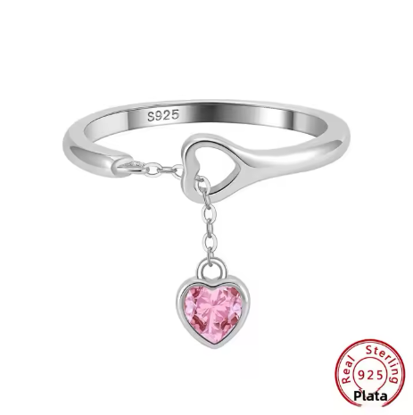 Anillo Charm Corazón con Cadenita Plata S925 ajustable