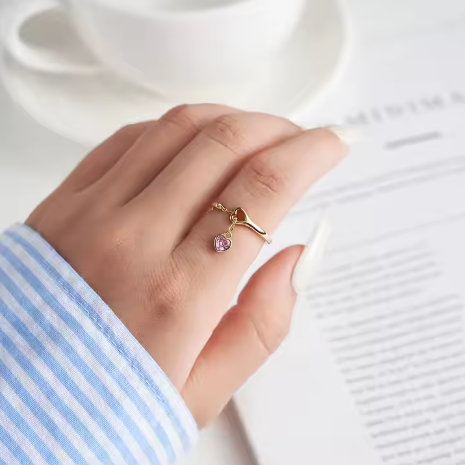 Anillo Charm Corazón con Cadenita Plata S925 ajustable