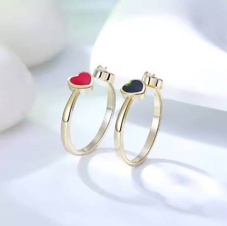 Anillo Mio con Corazón Proceso de Cera en Goteo Pintado Tonos rojo y Negro Plata S925 Chapado en Oro Rosa