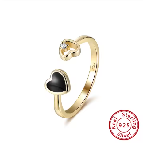 Anillo Mio con Corazón Proceso de Cera en Goteo Pintado Tonos rojo y Negro Plata S925 Chapado en Oro Rosa