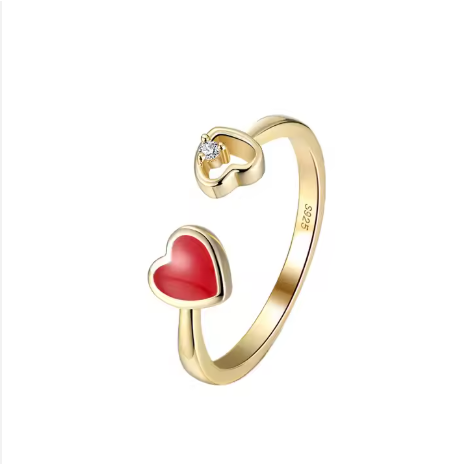 Anillo Mio con Corazón Proceso de Cera en Goteo Pintado Tonos rojo y Negro Plata S925 Chapado en Oro Rosa