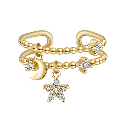 Anillo doble con Charm de Estrella y Luna de Plata Ley S925