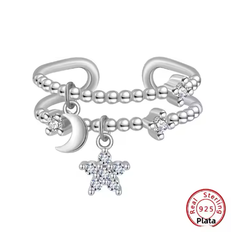 Anillo doble con Charm de Estrella y Luna de Plata Ley S925
