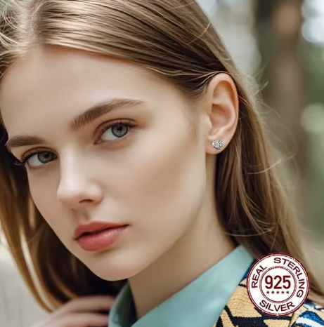 Pareja de pendientes de diseño romántico con circonita brillante en forma de corazón, montados en plata esterlina pulida