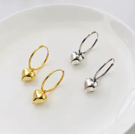 Pendiente Charm de Corazón 3D de Plata de Ley S925 y chapado en Oro 18K