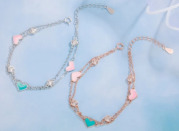 Bracciale a doppia linea in argento sterling con placcatura in oro bianco o oro rosa