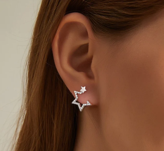 Pendientes Brillante Doble Estrella Plata Ley