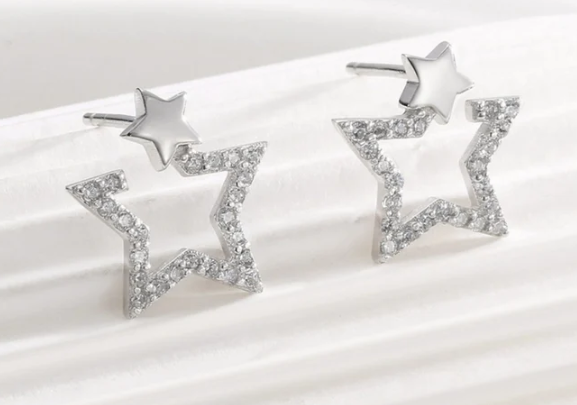 Pendientes Brillante Doble Estrella Plata Ley