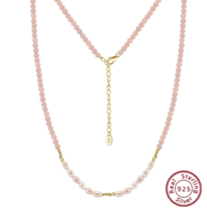 Collar Trendor de Perlas Naturales Rosas en Plata de Ley y Chapado en Oro