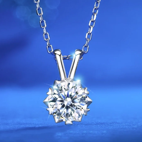 collar en forma de copo de nieve con moissanita central y zirconitas sobre fondo blanco