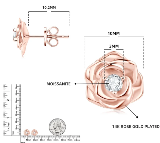 Medidas de los pendientes flor con moissanita central certificada