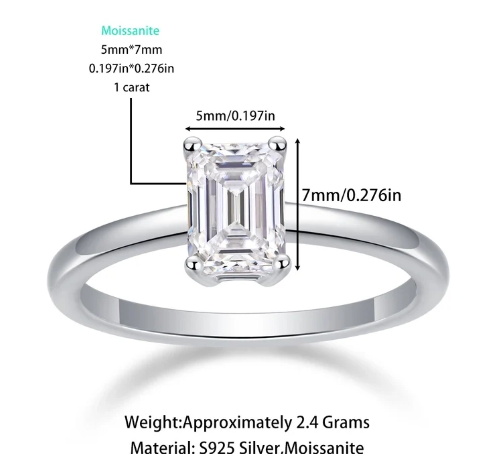 Detalle de medidas del anillo rectangular en plata 925 con moissanita certificada GRA, vista precisa del tamaño y diseño