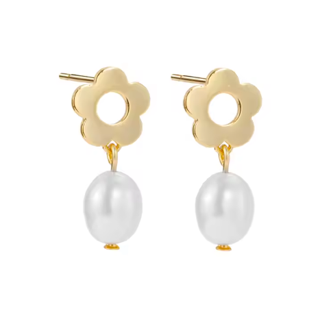 Pendientes flor con perla barroca, plata de ley S925, fondo blanco