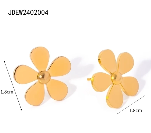 Pendientes flor minimalistas en oro 18K con medidas detalladas sobre fondo blanco