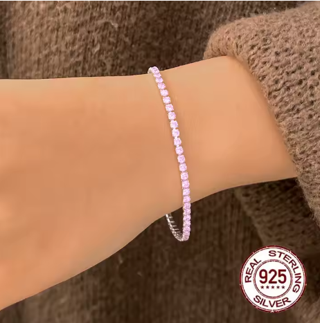 pulsera tenis plata S925 circonitas rosas detalle modelo