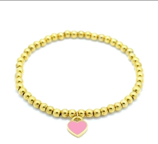 Pulsera alegre con corazones de colores y cuentas en oro amarillo, para un toque vibrante y moderno