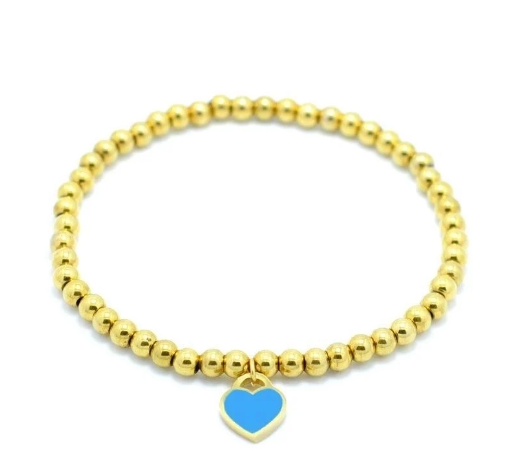 Pulsera de cuentas con corazones en oro amarillo, en tonos vibrantes rojo, azul, verde y rosa, diseño fresco y moderno