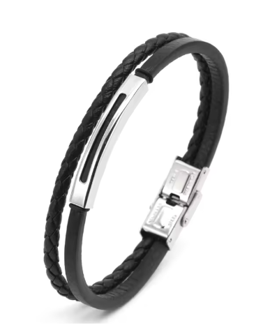Pulsera de cuero negro con una tira trenzada y otra de acero inoxidable chapado en plata