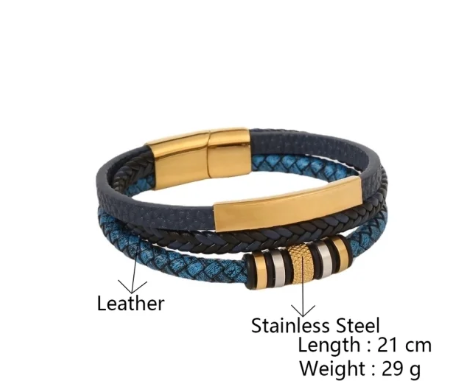 Pulsera triple de cuero azul con placa dorada central mostrando medidas 21,5 cm, fondo blanco.