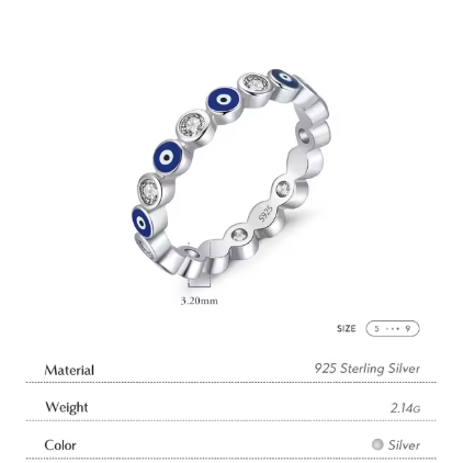 Detalle del anillo ojo protector con piedras 5A intercaladas de plata de ley