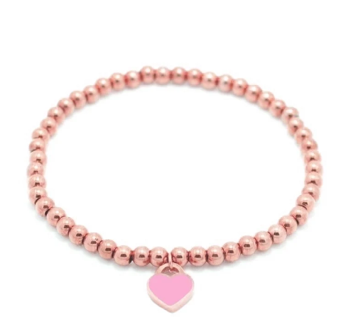 Pulsera de cuentas con corazones en oro rosa, tonos vibrantes rojo, azul, verde y rosa. Diseño elegante y lleno de color