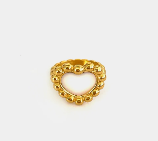 Anillo en forma de corazón con líneas geométricas y concha natural, chapado en oro 18K, estilo retro