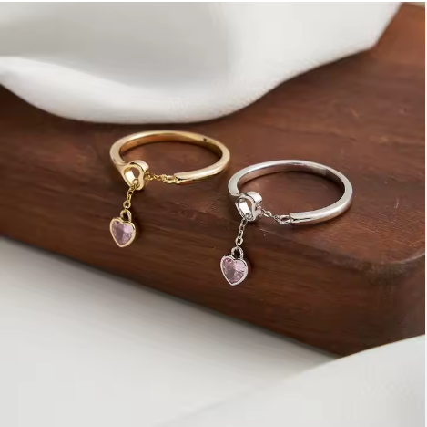 Anillo Charm Corazón con Cadenita Plata S925 ajustable
