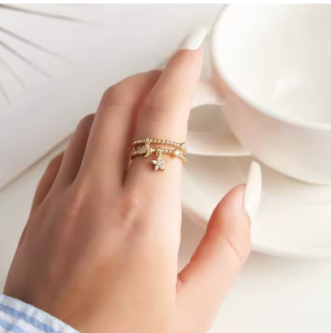 Anillo doble con  Charm de Estrella y Luna de Plata Ley S925