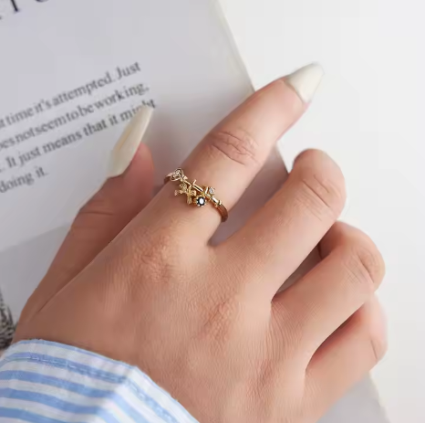 Anillo Charm Lazo Floral con Zafiro Plata Ley S925 Oro Blanco/Amarillo 14K