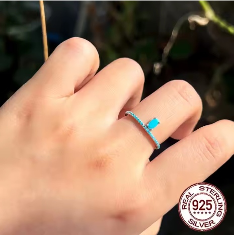 Anillo con Piedra Central Ovalo de Gemas Turquesas Plata Ley S925