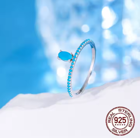 Anillo con Piedra Central Ovalo de Gemas Turquesas Plata Ley S925