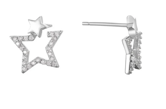 Pendientes Brillante Doble Estrella Plata Ley