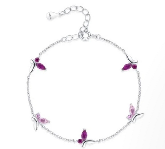 Pulsera con mariposas de zircón rosa y púrpura en plata de ley 