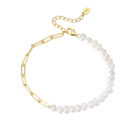 Pulsera con perlas barrocas naturales y cadena de clip de papel, hecha en plata de ley S925 y chapada en oro de 18K.