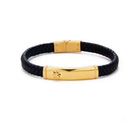 Pulsera tipo Viceroy de cuero con chapa de acero inoxidable chapada en oro 18K y estrella grabada, 21 cm