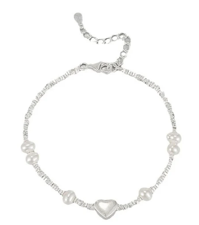  Pulsera de Plata de Ley con Corazón Central y Perla de Agua Dulce