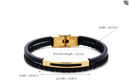 Pulsera de cuero con dos cuerdas, una trenzada y otra con chapa de acero inoxidable chapada en oro 18K