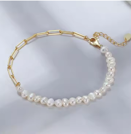 Pulsera ajustable con perlas barrocas naturales, hecha en plata de ley S925 y chapado en oro 18K