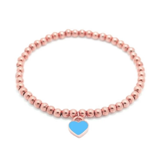 Pulsera de cuentas con corazones en oro rosa, en colores vibrantes azul, rojo, rosa y verde. Diseño fresco y divertido