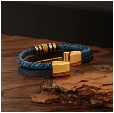 Pulsera de cuero azul vintage con cierre magnético de acero inoxidable, fondo negro