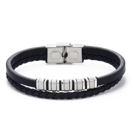 Pulsera de cuero negro con una tira trenzada y otra con cuatro cuadrados de acero inoxidable chapado en plata