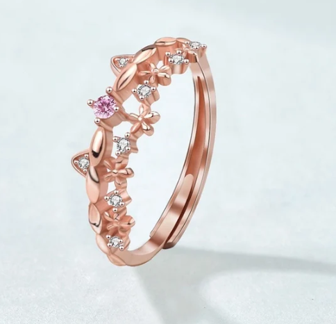 Anillo doble con diseño de gatito y flor de té, zirconitas brillantes y acabado en chapado de oro rosa de 18K