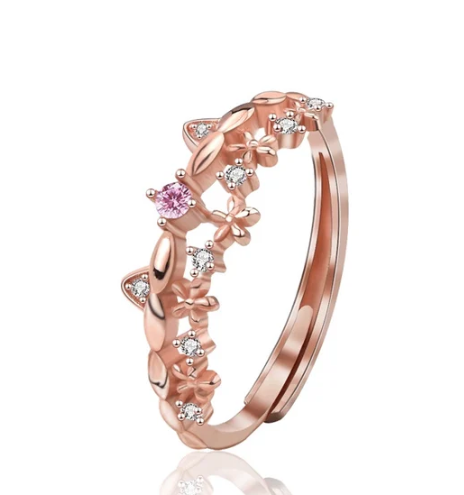 Anillo doble con diseño de gatito y flor de té chapado en oro rosa de 18K